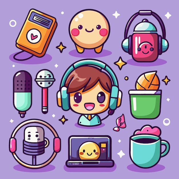 Vector cartoon illustration of a person with headphones a microphone a cup of coffee a laptop a kettle and a music player