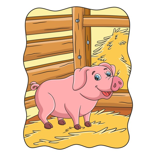 Cartoon illustration a pig walking around in its cage on a haystack