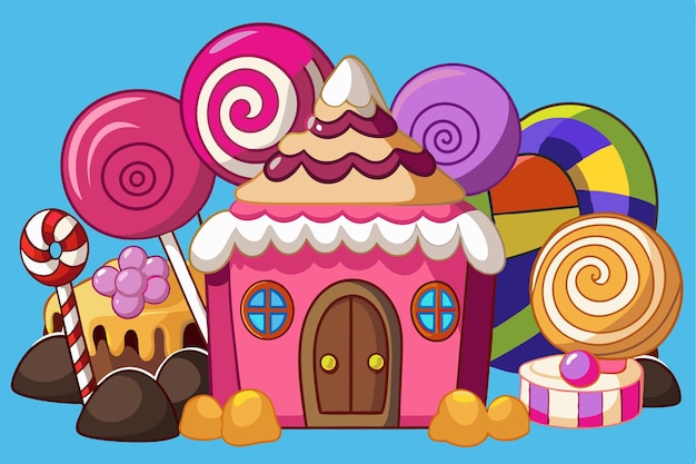 Vector a cartoon illustration of a pink house with a bunch of balloons and a box of candy