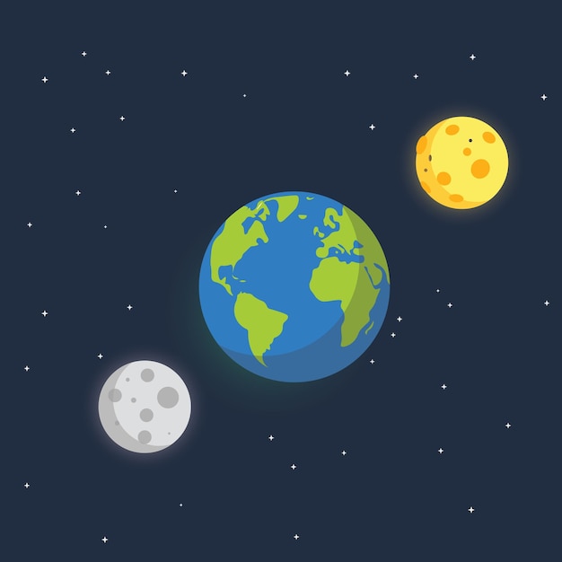 Vector a cartoon illustration of a planet and the moon with the moon in the background