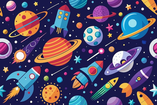 a cartoon illustration of planets and planets with a space ship