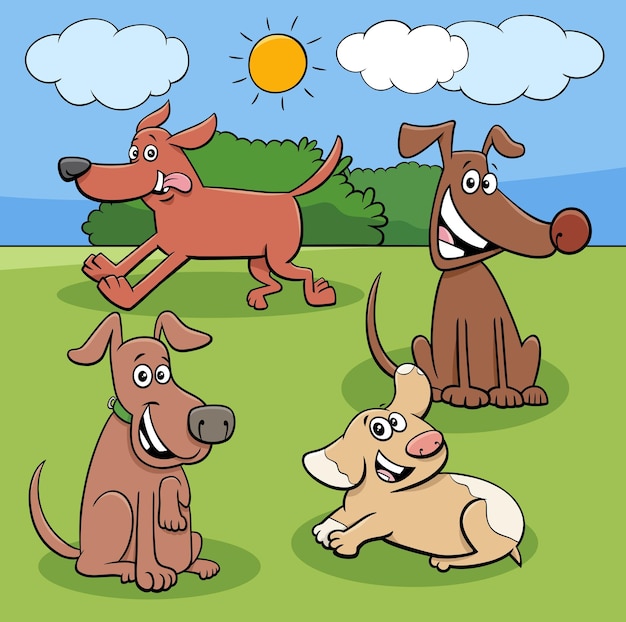 Cartoon illustration of playful dogs and puppies animal characters group