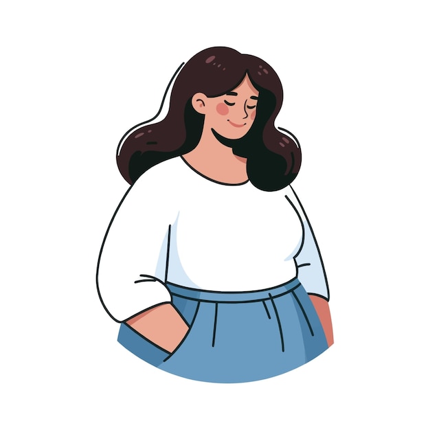 Cartoon illustration of a plussize woman with long hair wearing a white top and blue skirt embodying body positivity