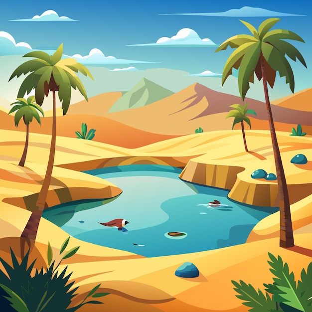 a cartoon illustration of a pond with palm trees and mountains