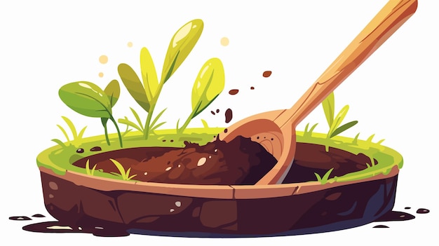 a cartoon illustration of a pot with plants and a spoon