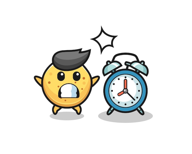 Cartoon Illustration of potato chip is surprised with a giant alarm clock , cute design