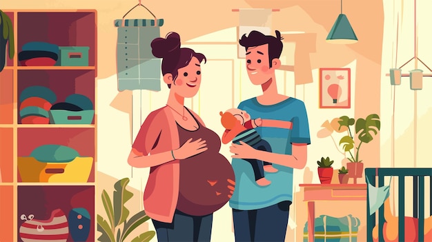 a cartoon illustration of a pregnant couple holding their baby