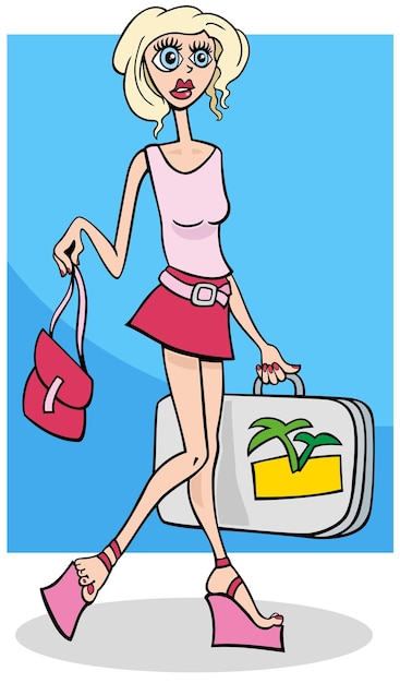 Cartoon illustration of pretty young woman character with suitcase