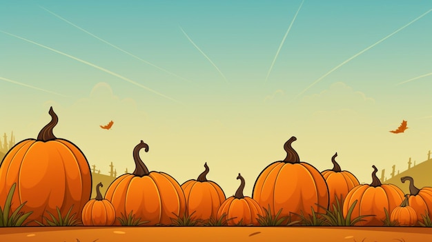 Vector a cartoon illustration of a pumpkin patch with a bird flying in the sky