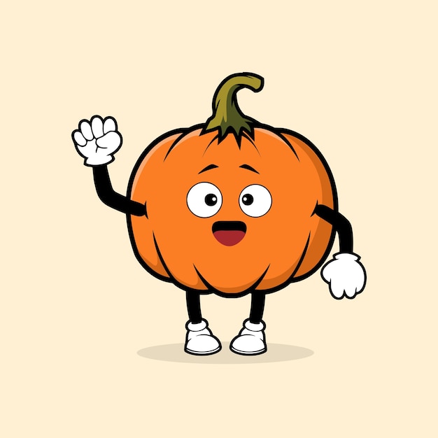 Cartoon illustration of a pumpkin with a smiling face and arms waving.