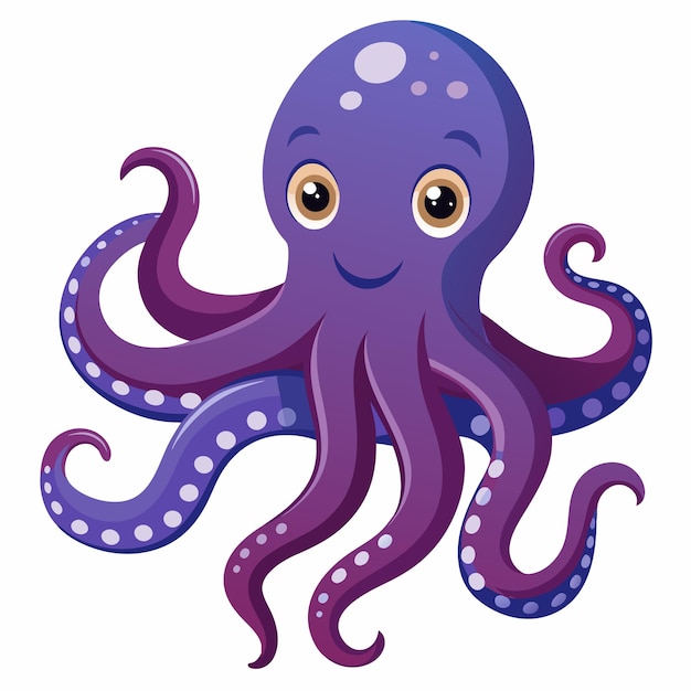 Vector cartoon illustration of a purple octopus with eight tentacles