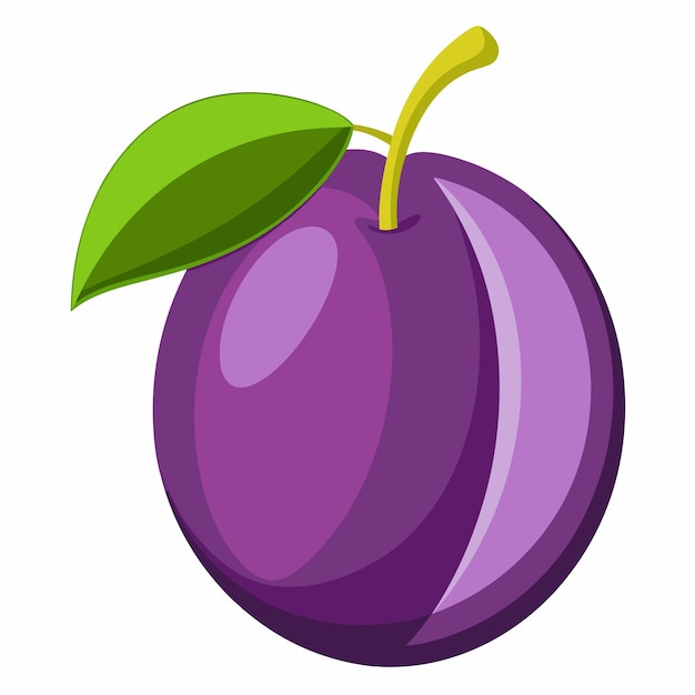 Vector cartoon illustration of a purple plum with a green leaf