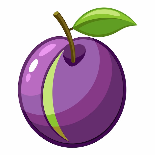 Vector cartoon illustration of a purple plum with a green leaf