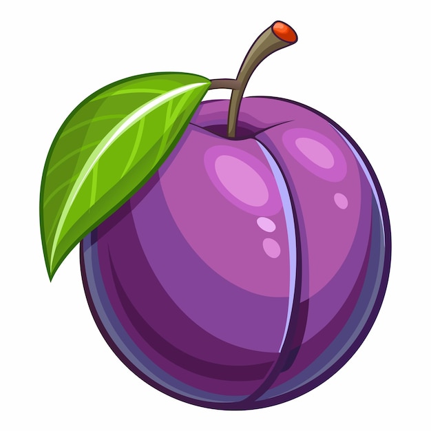 Vector cartoon illustration of a purple plum with a green leaf