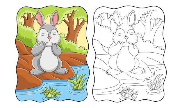 Cartoon illustration Rabbit is breathing fresh air by the river in the middle of the forest book or page for kids