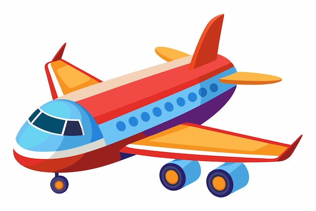 Vector cartoon illustration of a red and blue airplane with orange wings