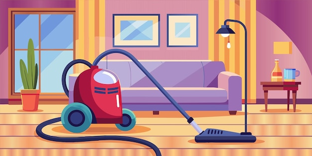 a cartoon illustration of a red vacuum cleaner in a living room