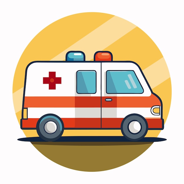 Vector cartoon illustration of a red and white ambulance