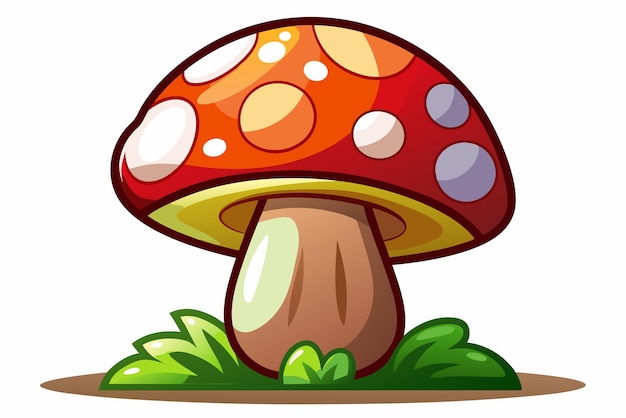 Cartoon Illustration of a Red and White Spotted Mushroom with a Brown Stem Growing in Grass