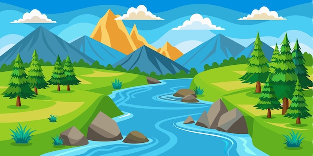 Vector a cartoon illustration of a river flowing through a landscape with mountains and trees