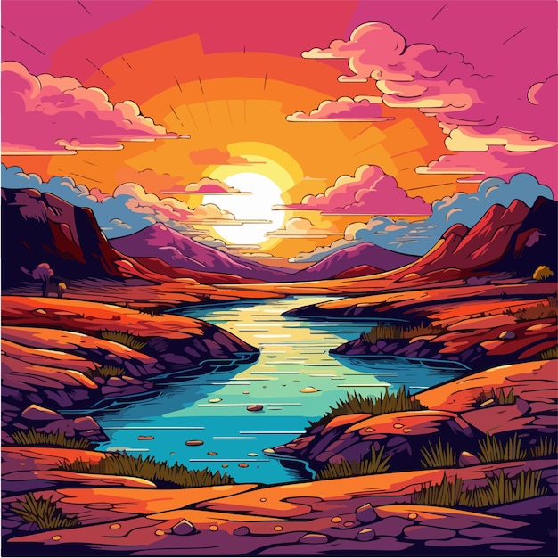 A cartoon illustration of a river and mountains with a sunset in the background.