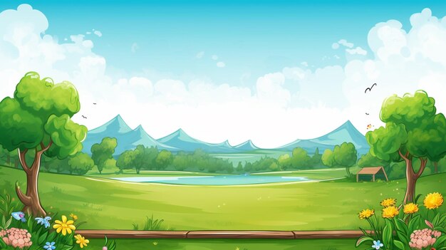 Vector a cartoon illustration of a river with a fence and trees