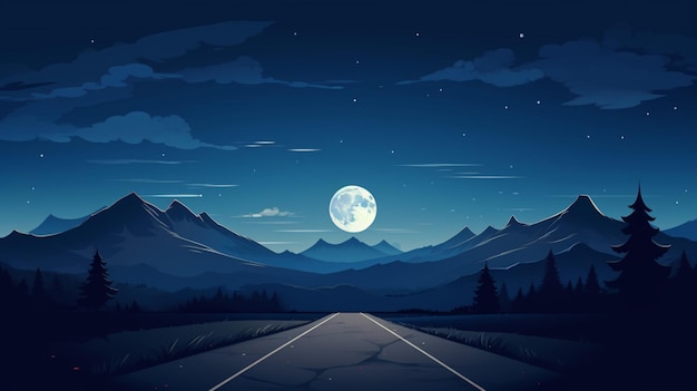 Vector a cartoon illustration of a road going to the mountains with a full moon in the background