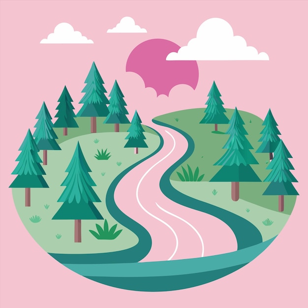 Vector a cartoon illustration of a road with a road and trees on it