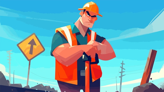 Vector cartoon illustration of road worker looking angry