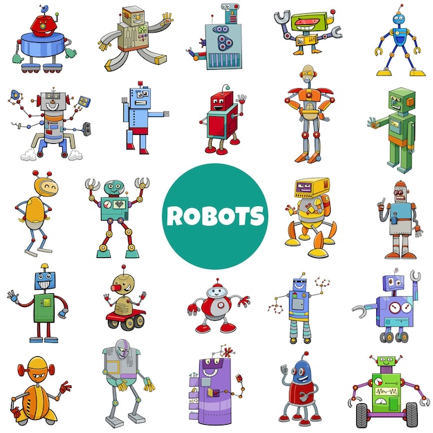 Cartoon illustration of robots characters big set