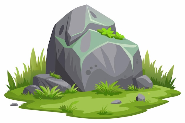 a cartoon illustration of a rock in the grass with a forest background