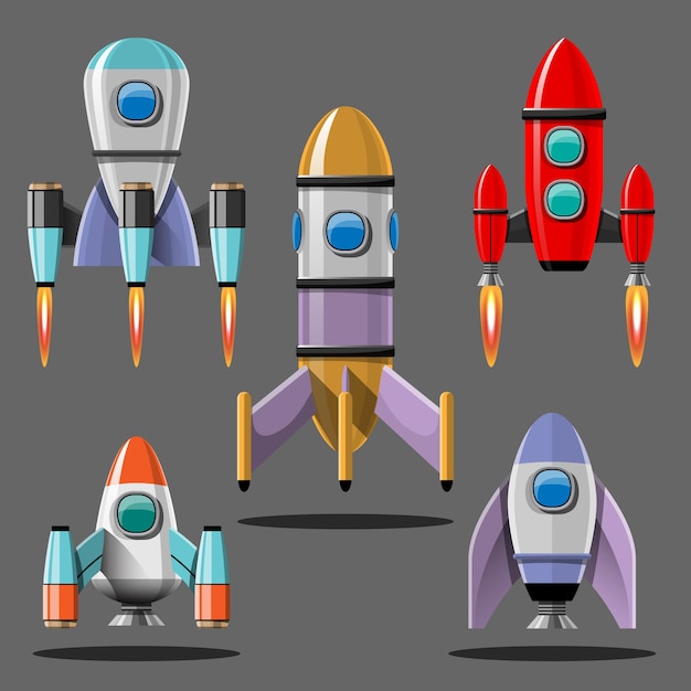 Cartoon illustration Rocket launch isolated set. Space mission rockets with smoke. illustration in flat style