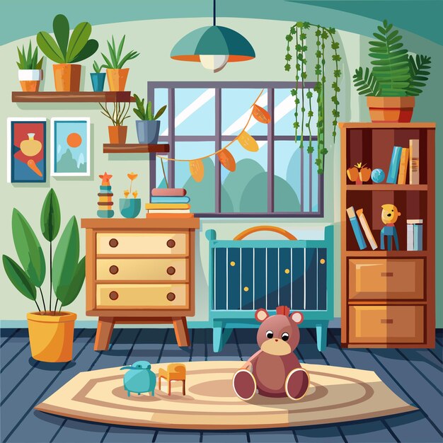 a cartoon illustration of a room with a bear on the floor and a window with a view of the mountains