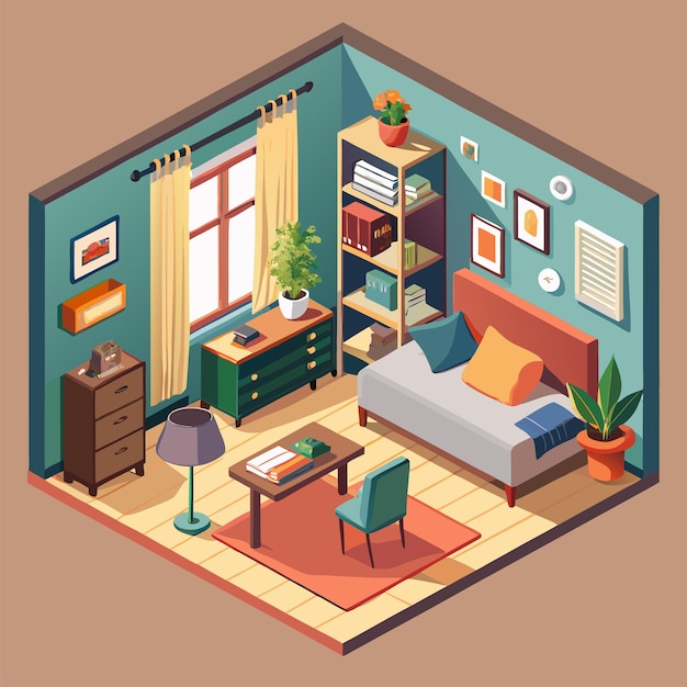 Vector a cartoon illustration of a room with a bed a dresser a dresser and a bookcase