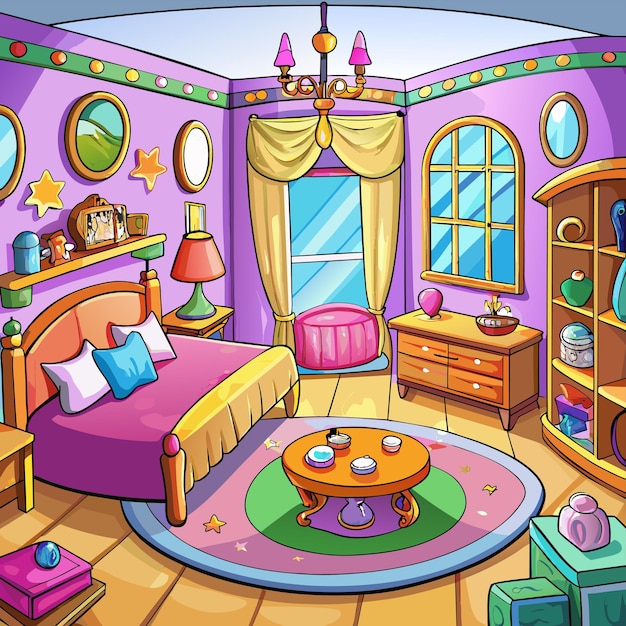 Vector a cartoon illustration of a room with a bed a dresser and a window