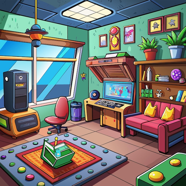 Vector a cartoon illustration of a room with a couch and a bookcase