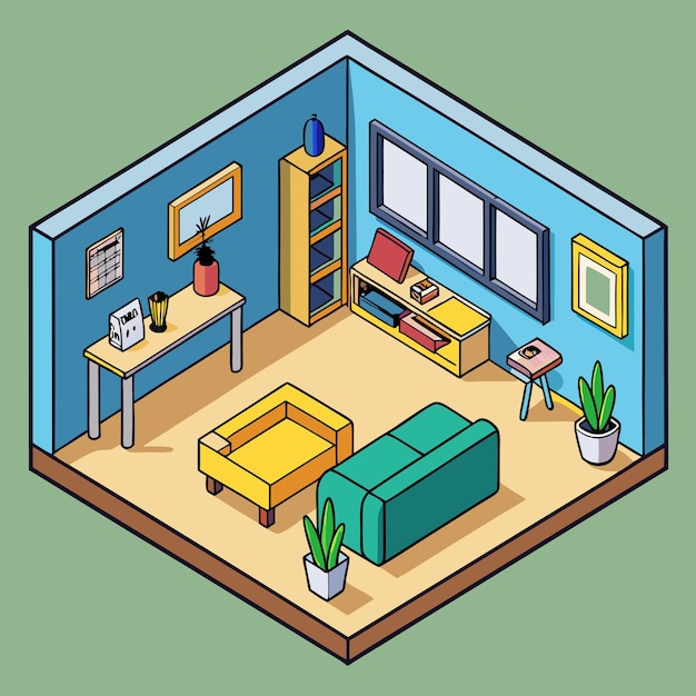 Vector a cartoon illustration of a room with a couch and a table