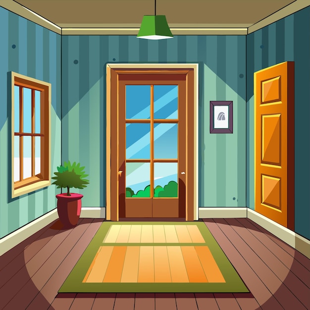 a cartoon illustration of a room with a door and a plant on the floor