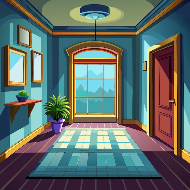 a cartoon illustration of a room with a door and a plant on the floor