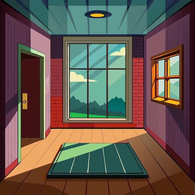 a cartoon illustration of a room with a door and a window