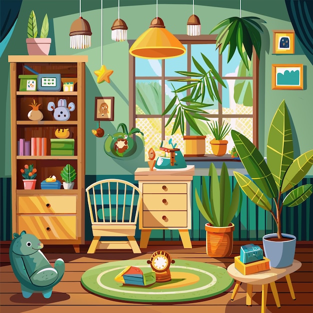 a cartoon illustration of a room with a green wall and a window with a plant in it