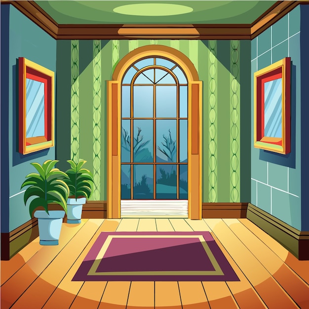 a cartoon illustration of a room with a plant and a potted plant