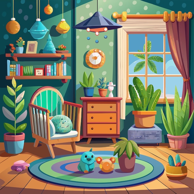 a cartoon illustration of a room with a plant and a window