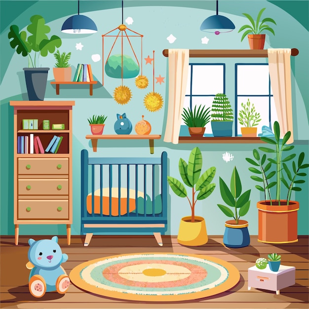 a cartoon illustration of a room with plants and a window