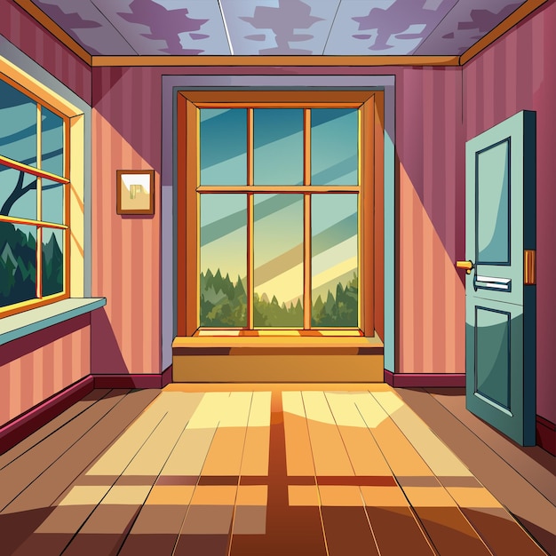 a cartoon illustration of a room with a window and a door