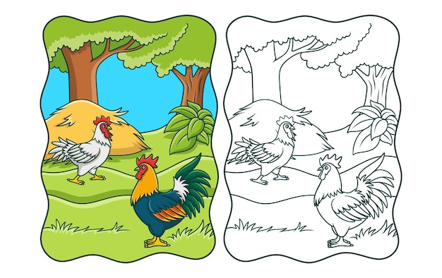 Cartoon illustration a rooster is walking towards a hen in the middle of the forest near the hay book or page for kids