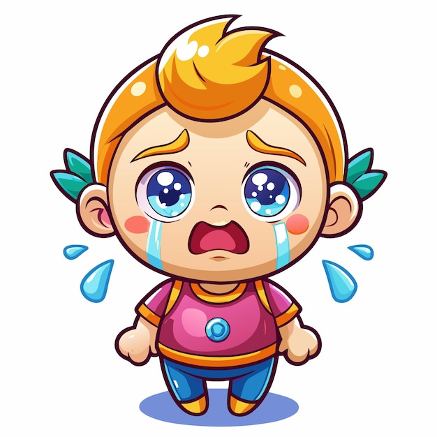 Vector cartoon illustration of a sad boy with blonde hair and blue eyes crying and looking distressed