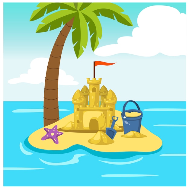 Cartoon illustration of sand castle,children sandpit toys,sea ,beach ,island ,plam tree ,starfish.  illustration