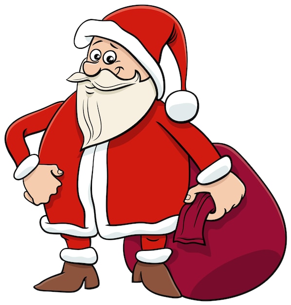 Cartoon illustration of Santa Claus character with sack of Christmas presents