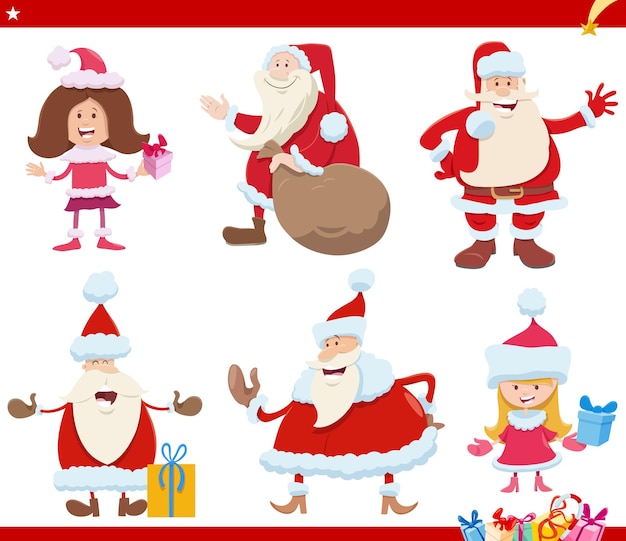 Cartoon illustration of Santa Claus characters on Christmas time set